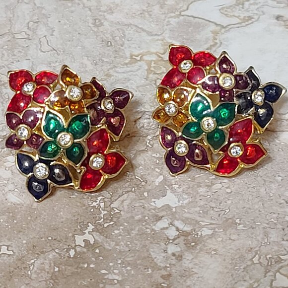 Vintage Enamel and Rhinestone Flower Cluster Earrings Large Clip ons - Picture 3 of 4